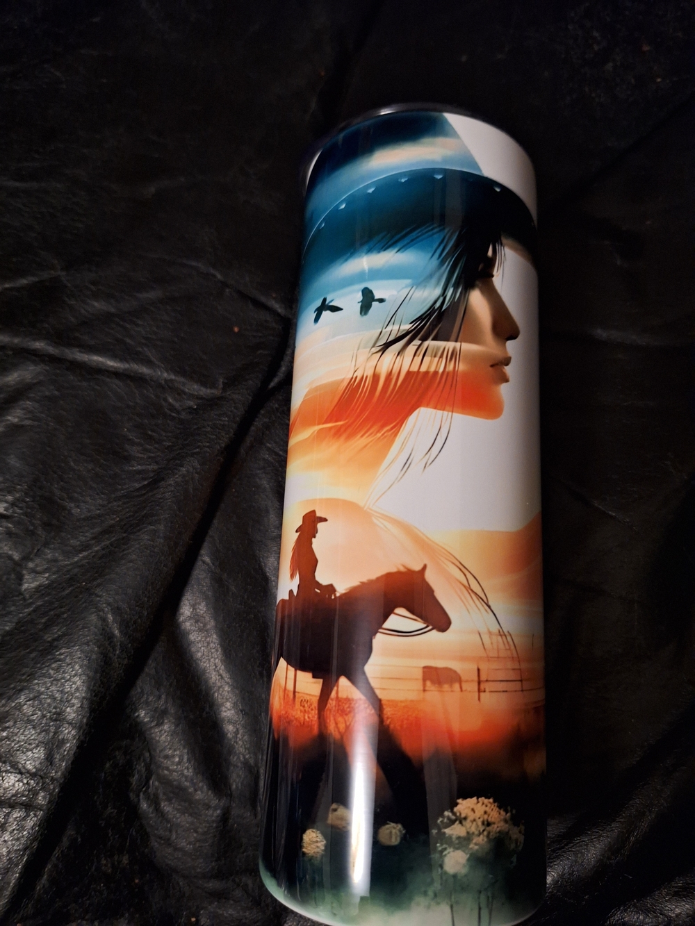 Artistic Western Travel Tumbler - Sunset Silhouette Design